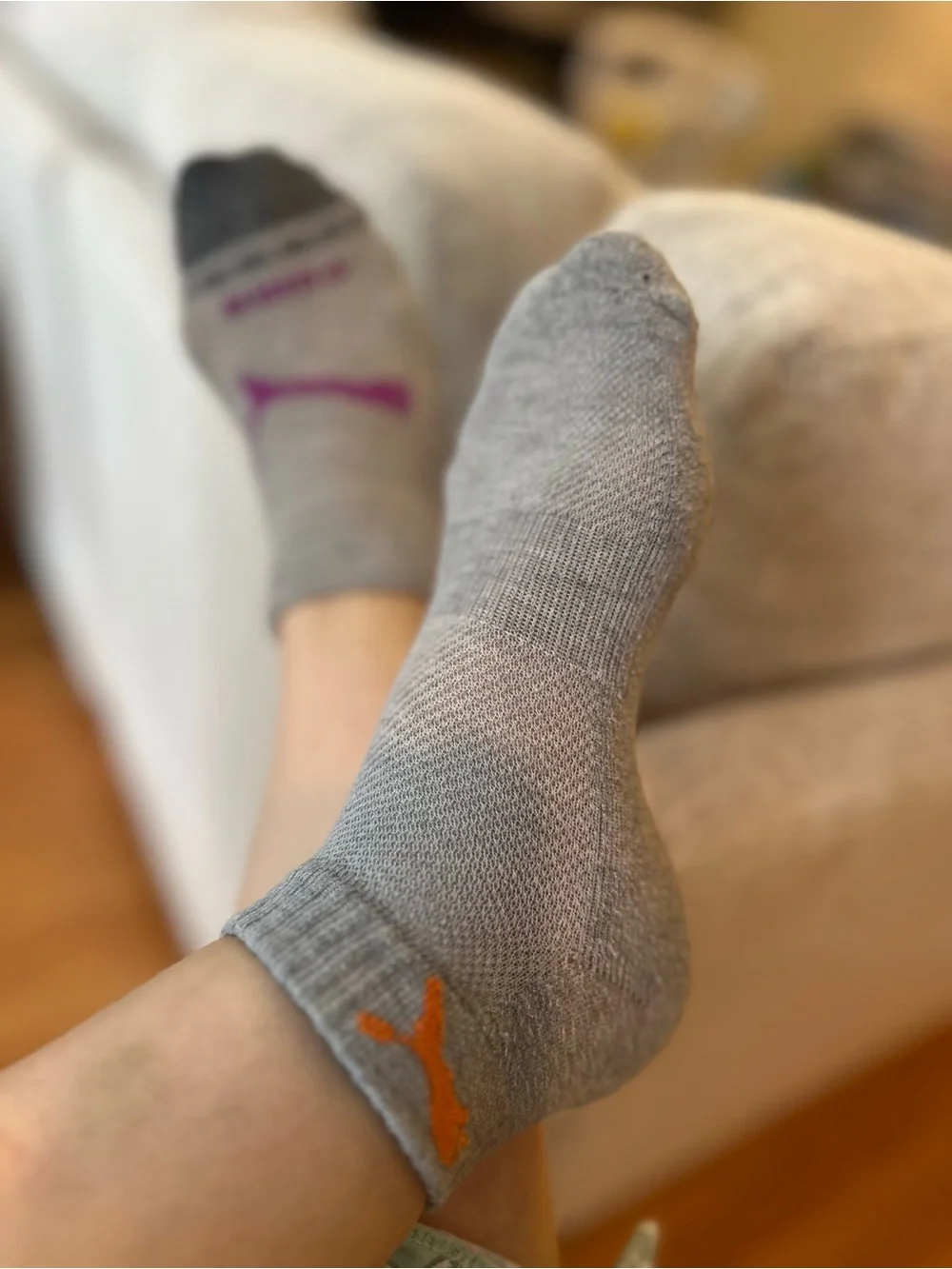 Puma Women’s  Low-Cut Ankle Socks in Light Gray with Orange Logo Mismatched